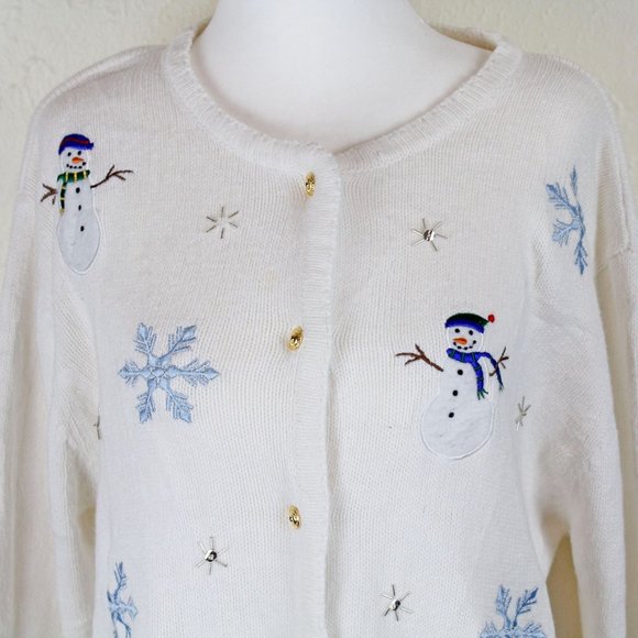 Crystal Kobe vintage 90s white Christmas snowflake sweater cardigan - Picture 2 of 8